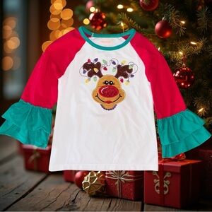 Wennikids Appliquéd Reindeer w/Christmas Lights Red/Green Long Ruffle Sleeve Top